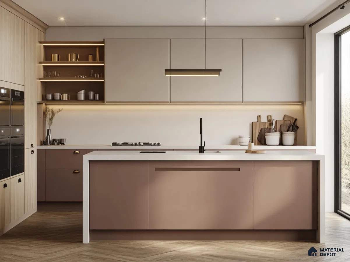 Glossy Island Kitchen with Dark Accents and Floor-to-Ceiling Windows | Material Depot