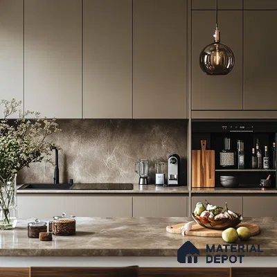 Earthy Allure: A Harmonious Blend of Textured Backsplash and Subtle Tones in a Modern Kitchen | Material Depot