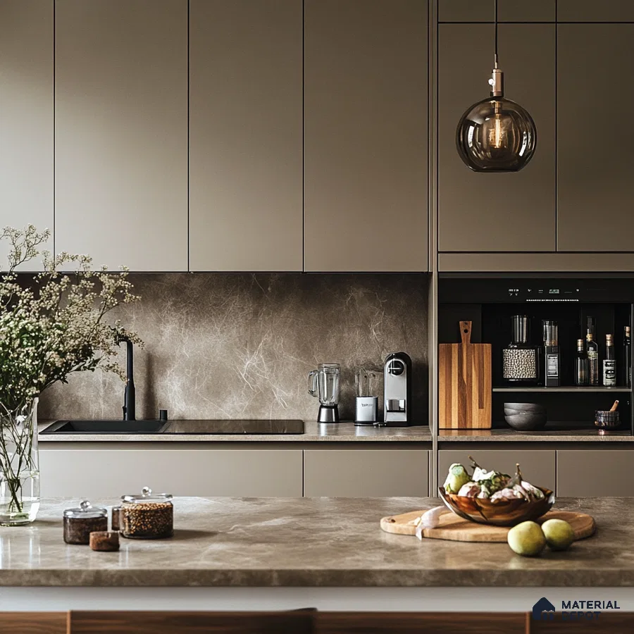 Earthy Allure: A Harmonious Blend of Textured Backsplash and Subtle Tones in a Modern Kitchen | Material Depot