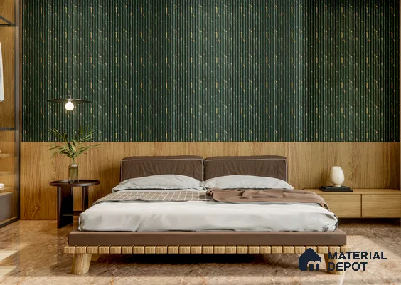 Earthy Bedroom with Dark Green Louvers and Wooden Headboard Panel | Material Depot