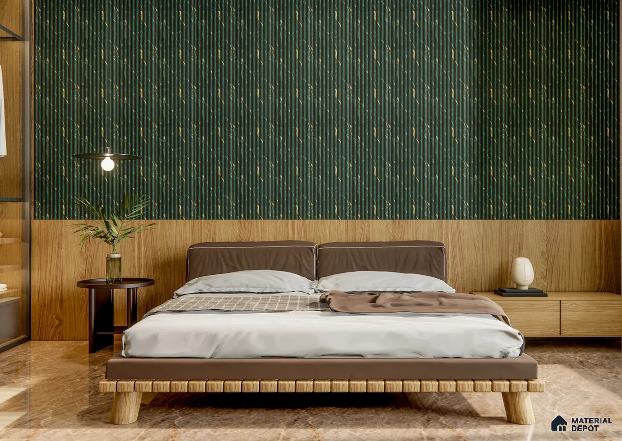 Earthy Bedroom with Dark Green Louvers and Wooden Headboard Panel | Material Depot