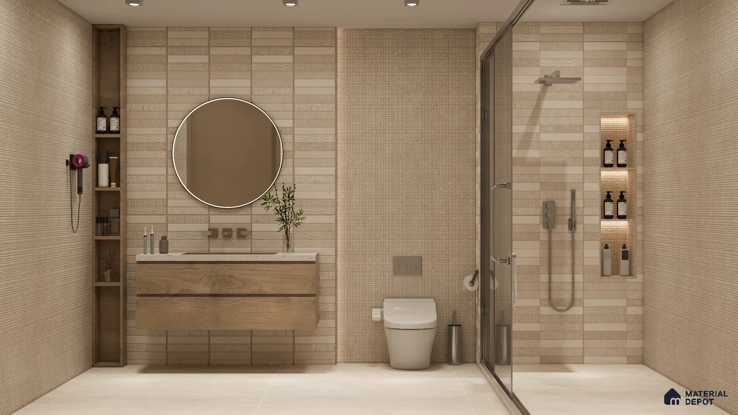 Earthy Beige Bathroom with Textured and Linear Highlighter Tiles | Material Depot