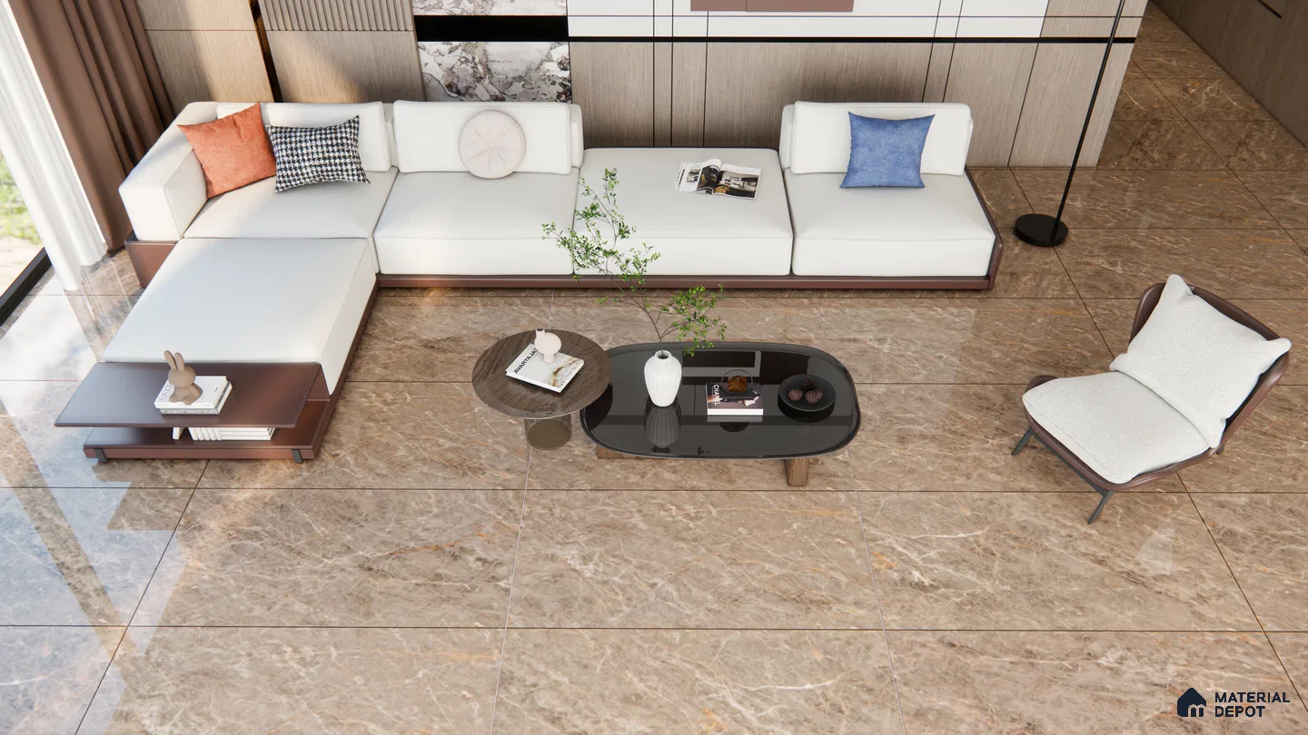 Earthy Brown Glossy Marble Tiles for a Cozy & Sophisticated Living Room | Material Depot