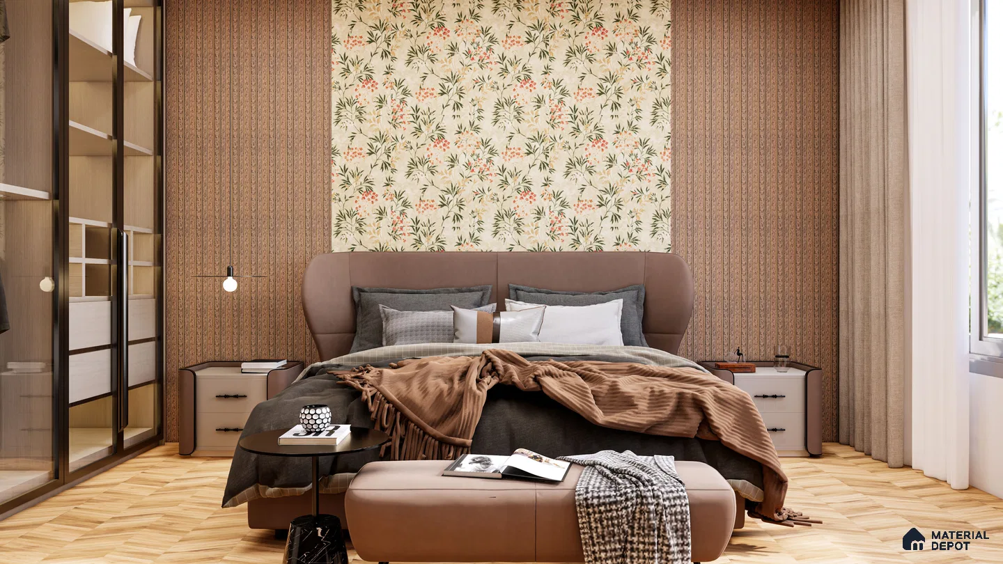 Earthy Floral Bedroom with Patterned Fluted Walls and Upholstered Bed | Material Depot