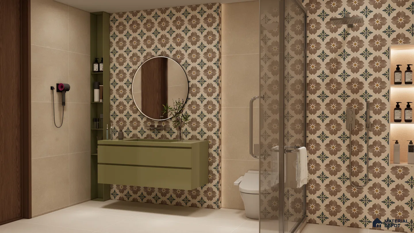 Earthy Floral Pattern Bathroom with Olive Green Vanity | Material Depot