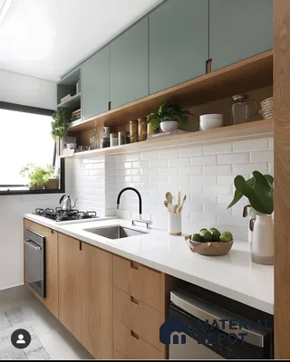 Earthy Green And Wood Kitchen With Subway Tile Backsplash | Material Depot