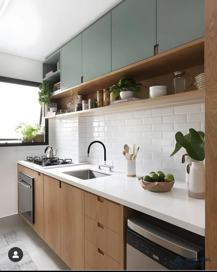 Earthy Green And Wood Kitchen With Subway Tile Backsplash | Material Depot