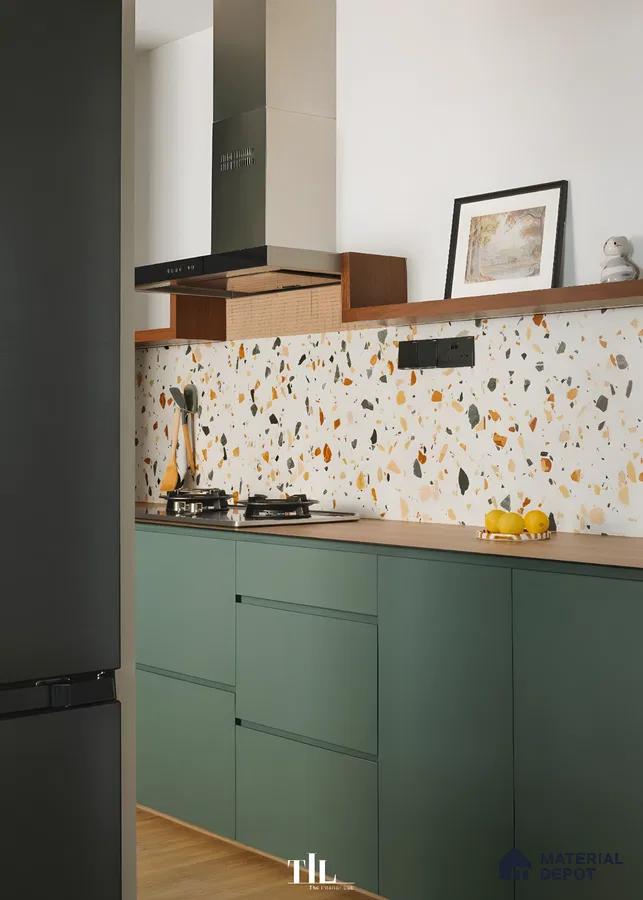 Earthy Green Kitchen With Terrazzo Backsplash And Warm Wood Accents | Material Depot