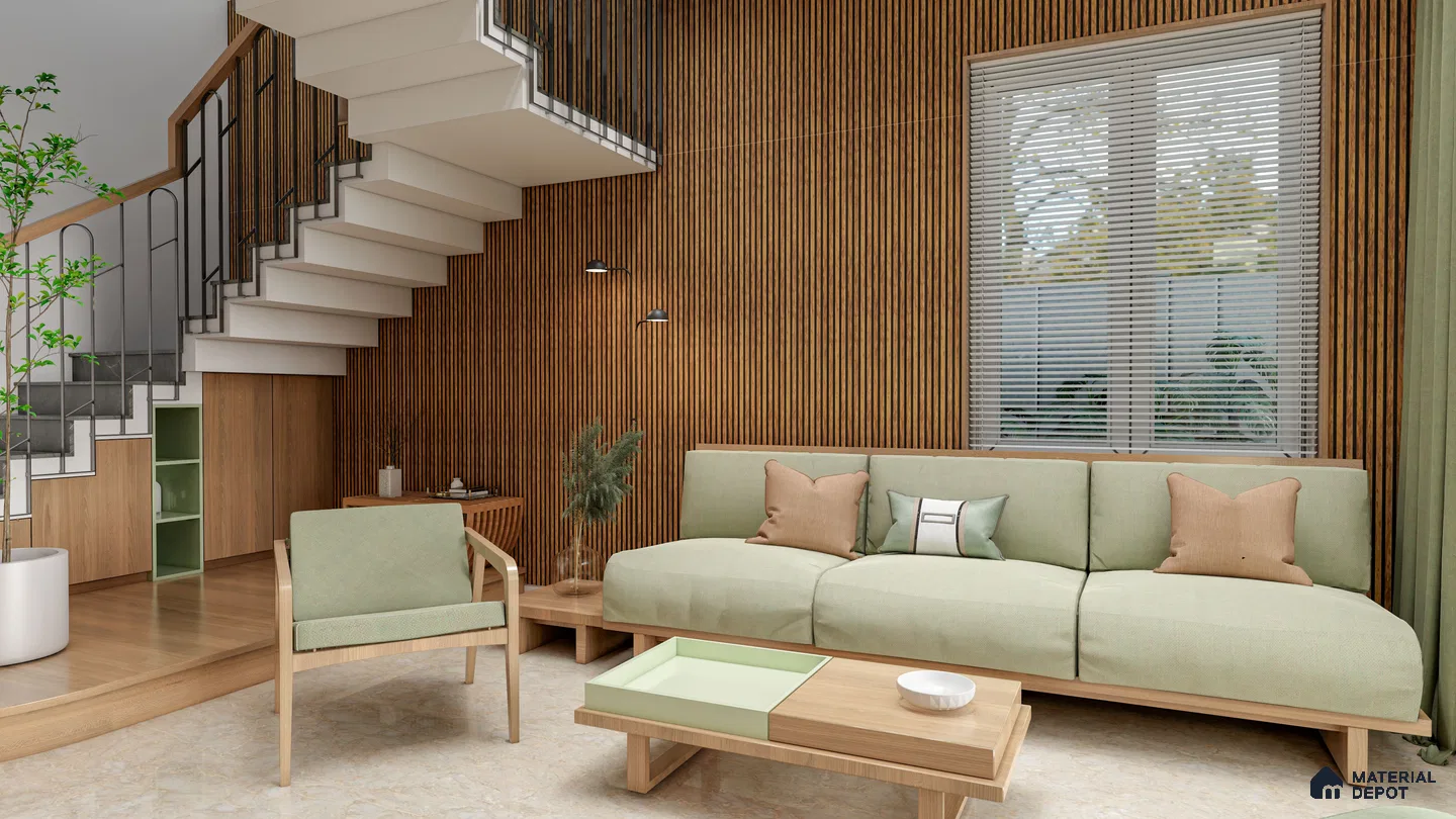 Earthy Living Room with Sage Green Sofa and Wooden Fluted Panels | Material Depot