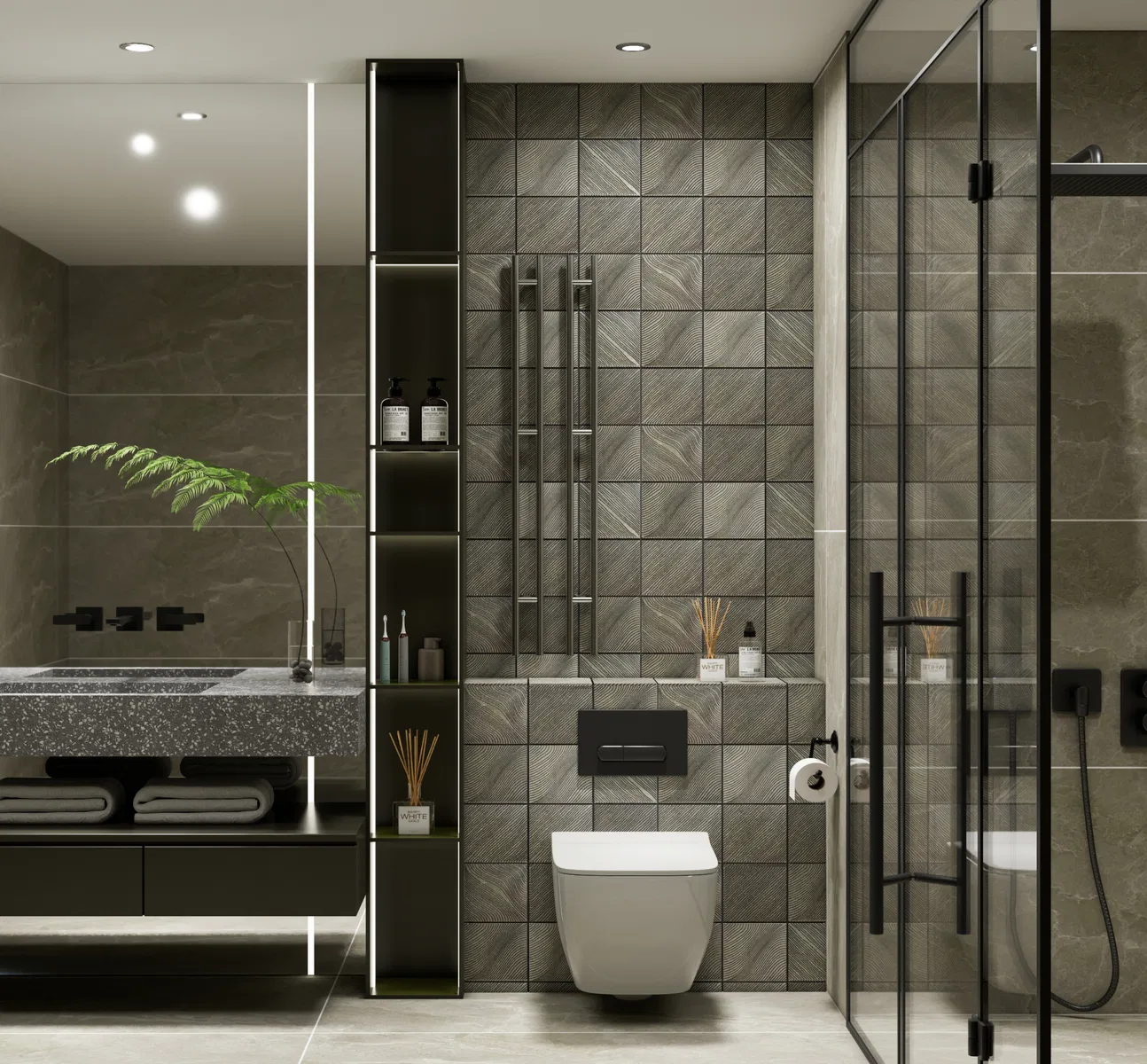 Modern bathroom with textured grey wall tiles, terrazzo countertop, and ...