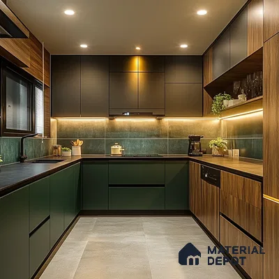 Earthy Modern Kitchen with Green Cabinets, Wooden Accents, and Functional Design | Material Depot