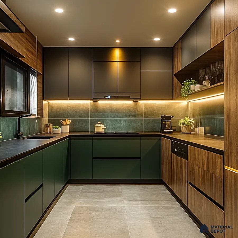 Earthy Modern Kitchen with Green Cabinets, Wooden Accents, and Functional Design | Material Depot