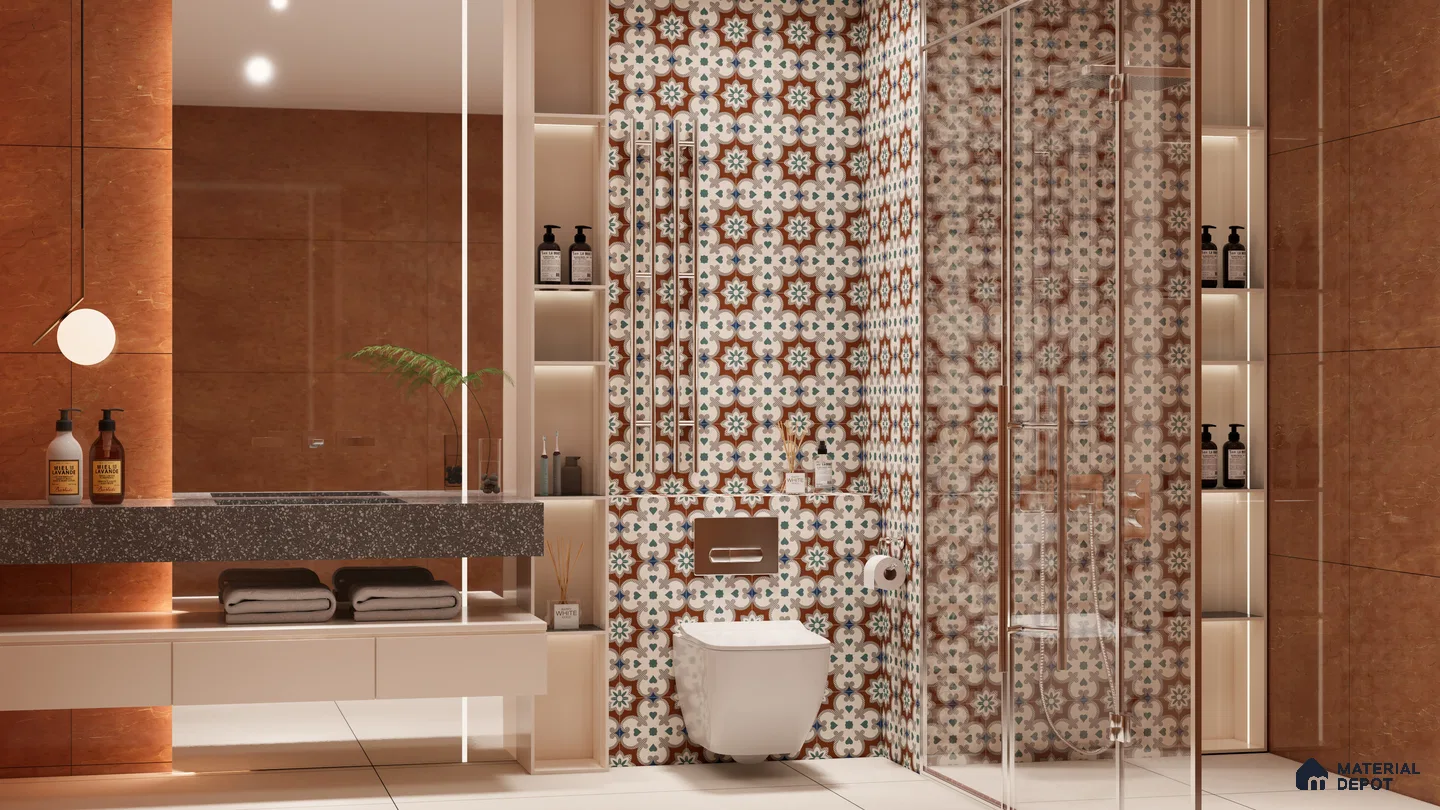 Earthy Moroccan Pattern Bathroom with Warm Terracotta Walls | Material Depot