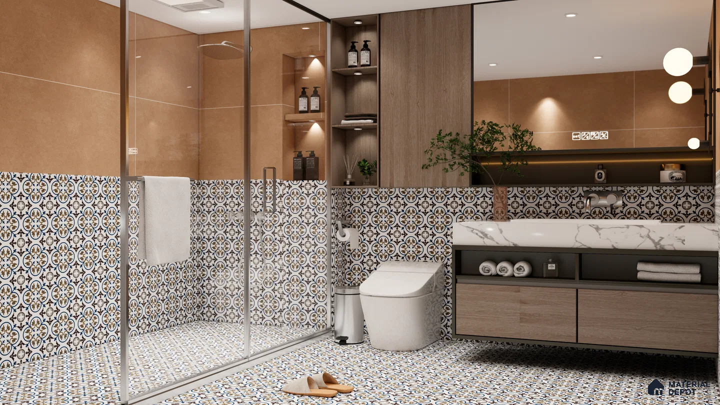 Earthy Moroccan-Inspired Bathroom with Half-Tiled Patterned Walls | Material Depot
