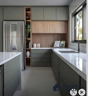 Earthy Olive And Wood Kitchen With Quartz Countertops | Material Depot