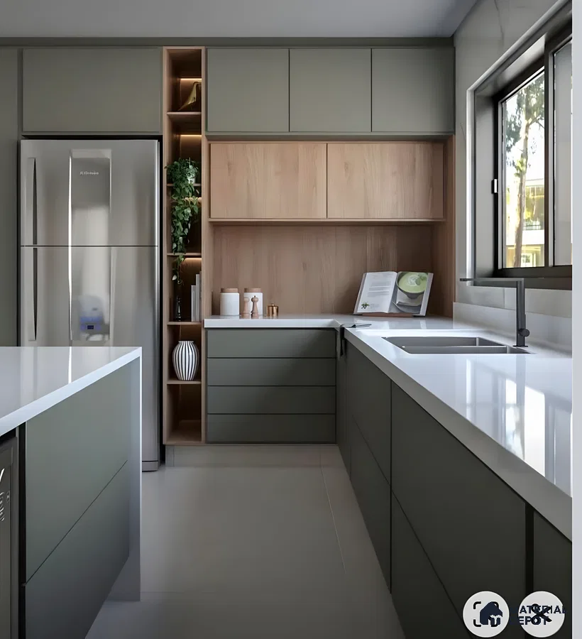 Earthy Olive And Wood Kitchen With Quartz Countertops | Material Depot