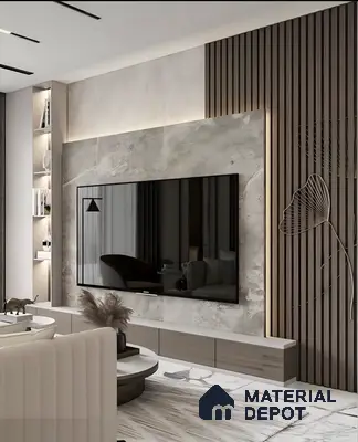 Earthy Stone And Wood Fluted Tv Wall With Artistic Floral Engraving | Material Depot