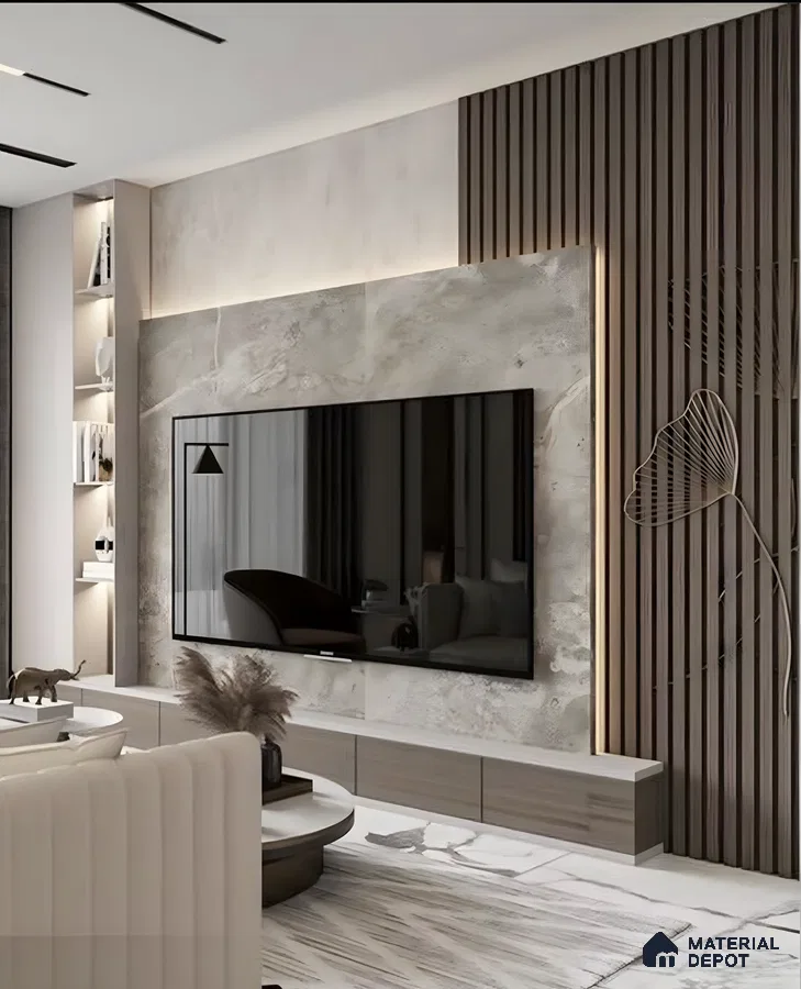Earthy Stone And Wood Fluted Tv Wall With Artistic Floral Engraving | Material Depot