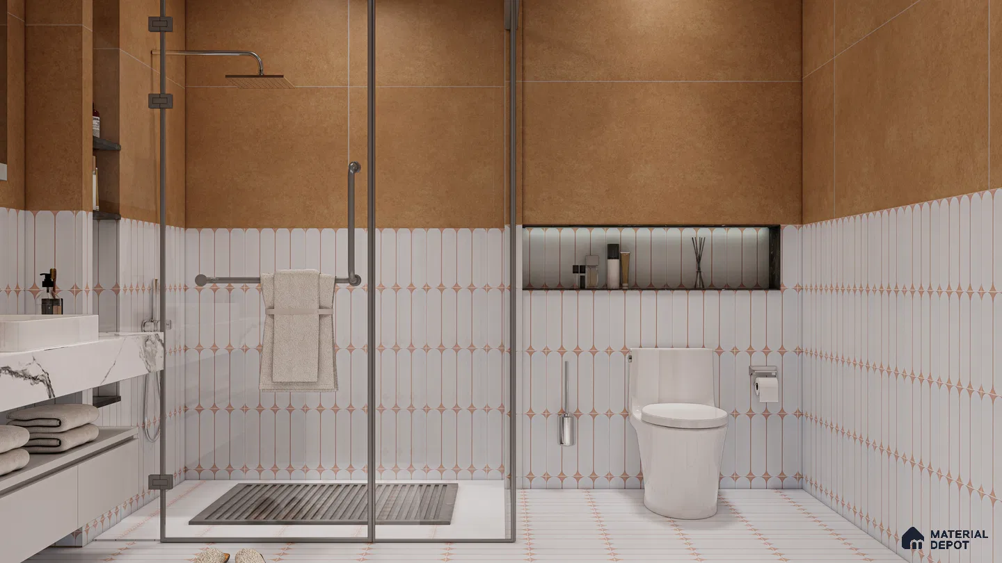 Earthy Toned Bathroom with Moroccan Patterned Tiles | Material Depot