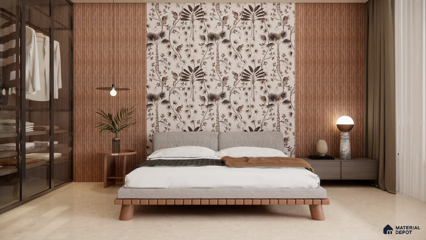 Earthy Toned Bedroom with Tropical Wallpaper and Wooden Fluted Panels | Material Depot