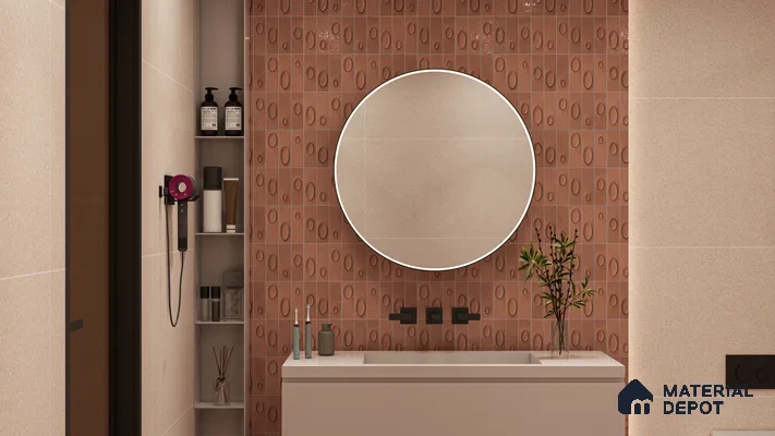 Earthy-Toned Bathroom with Textured Terracotta Accent Wall | Material Depot