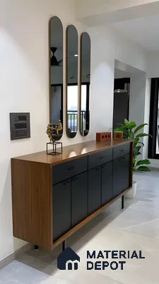Echoes Of Elegance: A Modern Minimalist Floating Console In Walnut Wood And Matte Black Laminate | Material Depot