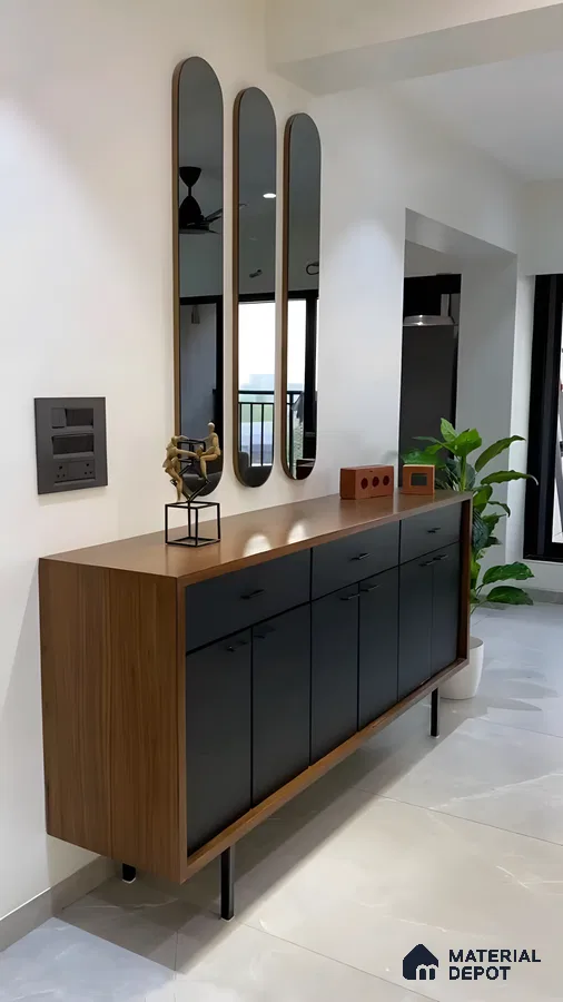 Echoes Of Elegance: A Modern Minimalist Floating Console In Walnut Wood And Matte Black Laminate | Material Depot