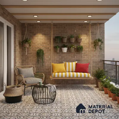 Eclectic balcony with brick cladding wall and patterned moroccan floor tiles