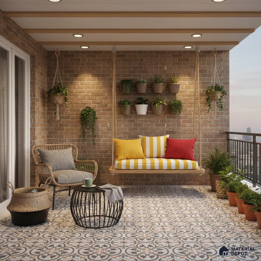 Eclectic balcony with brick cladding wall and patterned moroccan floor tiles