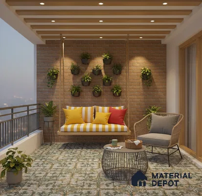Eclectic balcony with brick cladding wall, patterned floor tiles, and wooden ceiling beams