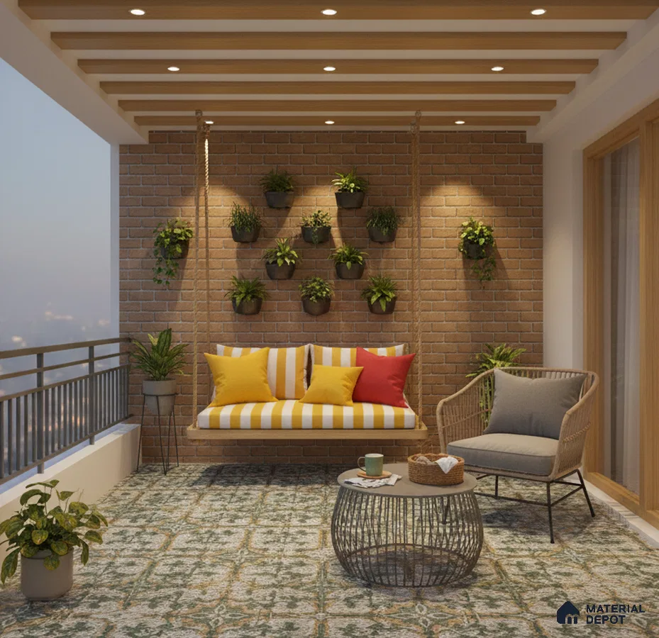 Eclectic balcony with brick cladding wall, patterned floor tiles, and wooden ceiling beams