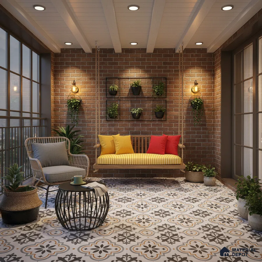 Eclectic balcony with exposed brick wall and patterned moroccan floor tiles