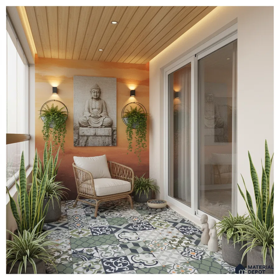 Eclectic balcony with patterned moroccan floor tiles and wood ceiling panels