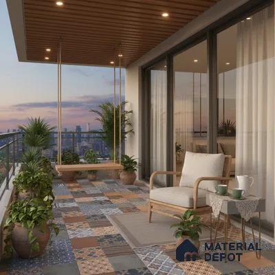 Eclectic balcony with patterned moroccan floor tiles and wooden louver ceiling