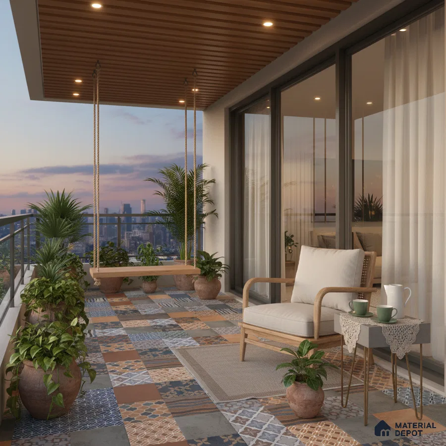 Eclectic balcony with patterned moroccan floor tiles and wooden louver ceiling