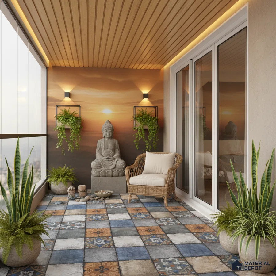 Eclectic balcony with patterned moroccan floor tiles, wood slat ceiling, and sunset mural wall
