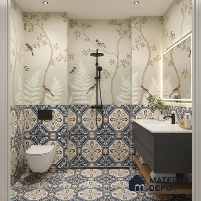 Eclectic bathroom with bird and fern wallpaper, blue and beige patterned tiles, and modern floating vanity in Bengaluru | Material Depot