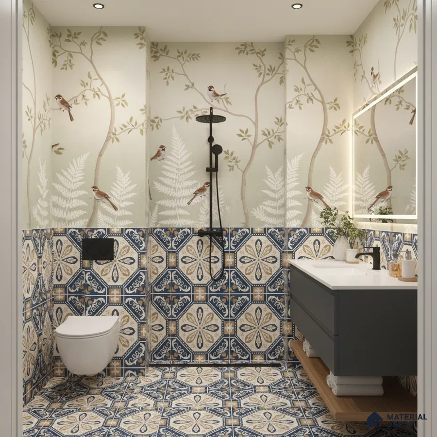 Eclectic bathroom with bird and fern wallpaper, blue and beige patterned tiles, and modern floating vanity in Bengaluru | Material Depot