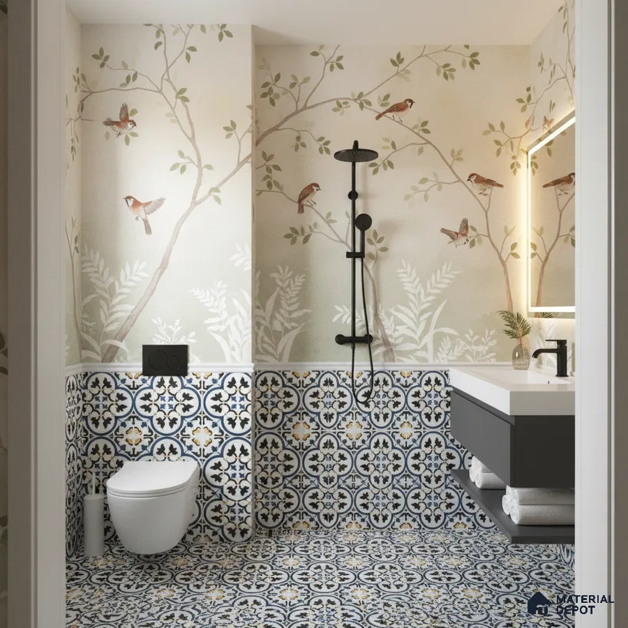 Eclectic bathroom with bird motif wallpaper and blue patterned moroccan tiles in Bengaluru | Material Depot