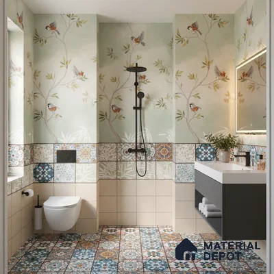 Eclectic bathroom with bird motif wallpaper, patterned moroccan wall and floor tiles, and floating vanity in Bengaluru | Material Depot