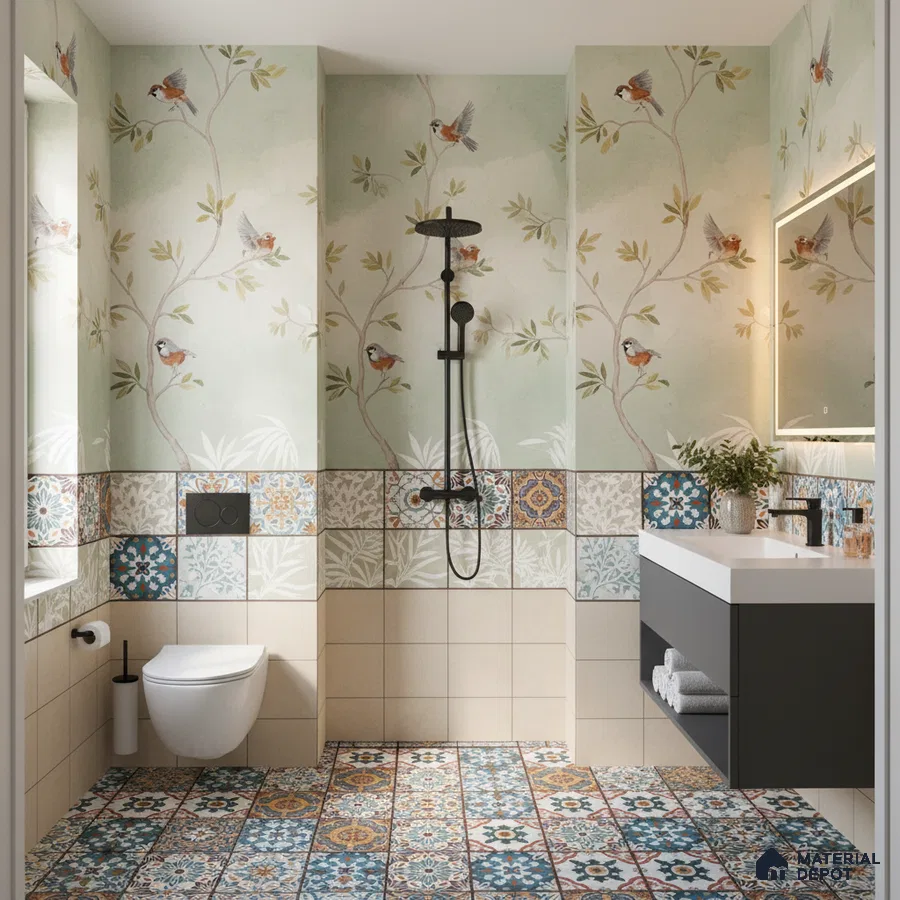 Eclectic bathroom with bird motif wallpaper, patterned moroccan wall and floor tiles, and floating vanity in Bengaluru | Material Depot