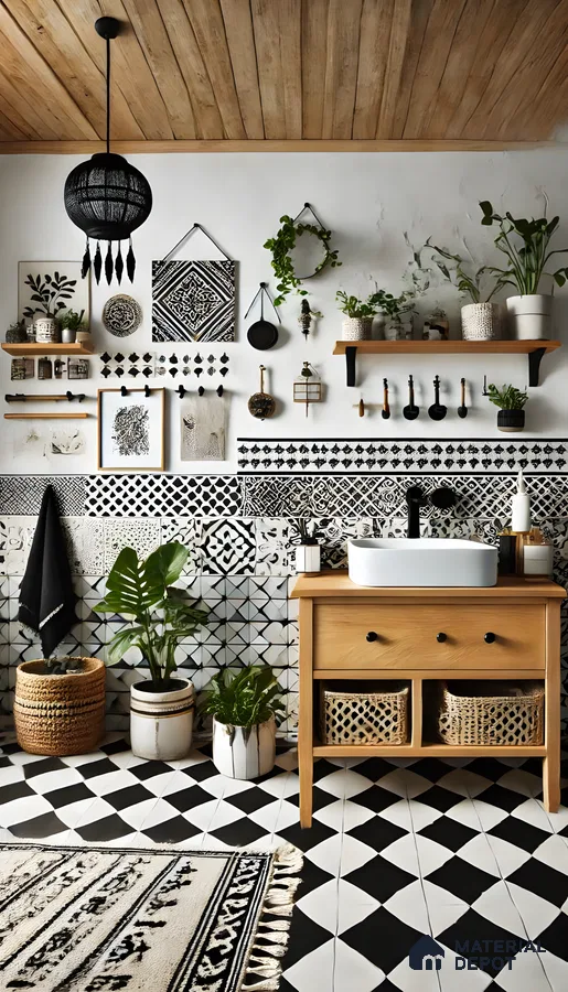 Eclectic Bathroom with Black and White Tiles | Material Depot
