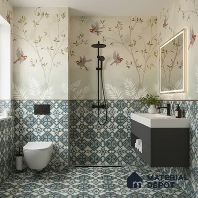Eclectic bathroom with blue geometric moroccan tiles and botanical wallpaper in Bengaluru | Material Depot