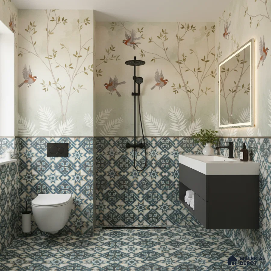 Eclectic bathroom with blue geometric moroccan tiles and botanical wallpaper in Bengaluru | Material Depot