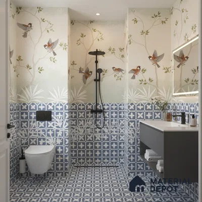 Eclectic bathroom with blue geometric patterned tiles and bird motif wallpaper in Bengaluru | Material Depot
