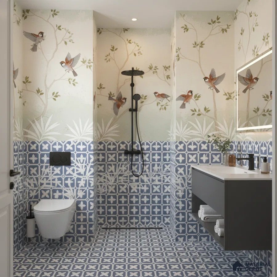 Eclectic bathroom with blue geometric patterned tiles and bird motif wallpaper in Bengaluru | Material Depot