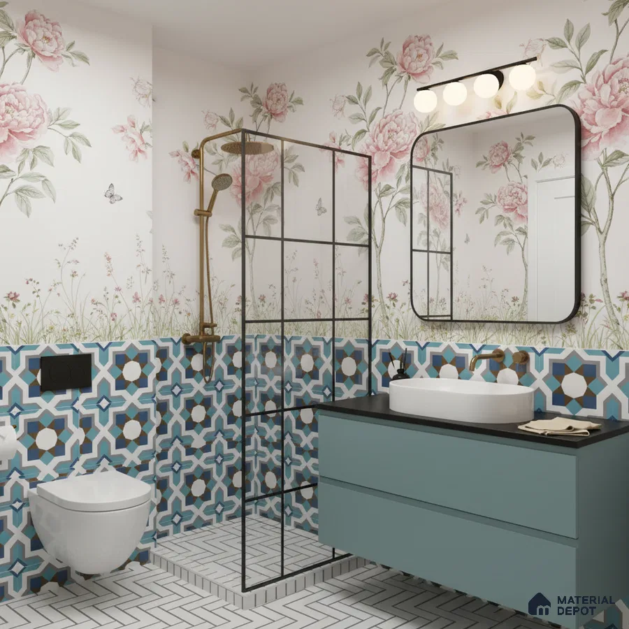 Eclectic bathroom with blue geometric wall tiles, floral wallpaper, and herringbone white floor tiles in Bengaluru | Material Depot
