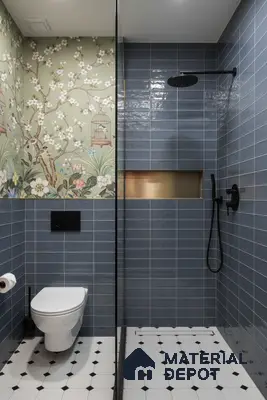 Eclectic bathroom with blue subway wall tiles, chinoiserie floral wallpaper, and black-and-white geometric floor tiles | Material Depot