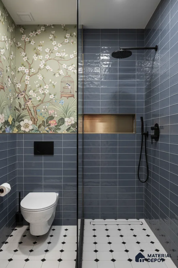 Eclectic bathroom with blue subway wall tiles, chinoiserie floral wallpaper, and black-and-white geometric floor tiles | Material Depot