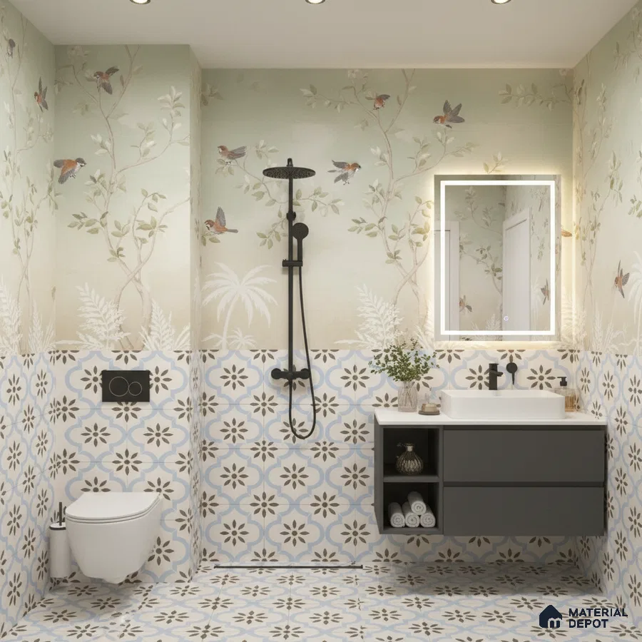Eclectic bathroom with chinoiserie wallpaper and blue patterned floor and wall tiles in Bengaluru | Material Depot